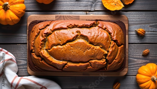 Delicious pumpkin bread creation cozy kitchen food photography rustic setting overhead view culinary concept