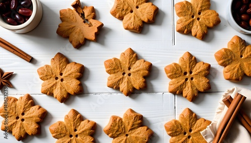 Festive leaf-shaped cookie photography cozy kitchen food art warm atmosphere top-down viewpoint