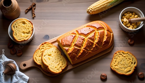 Sliced cornbread and ingredients rustic kitchen food photography cozy environment top-down view culinary concept