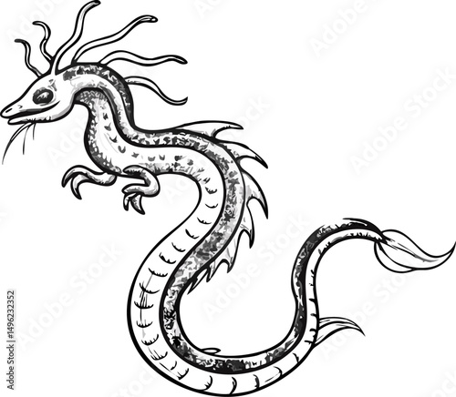 Green cartoon dragon tattoo vector illustration with snake and reptile elements