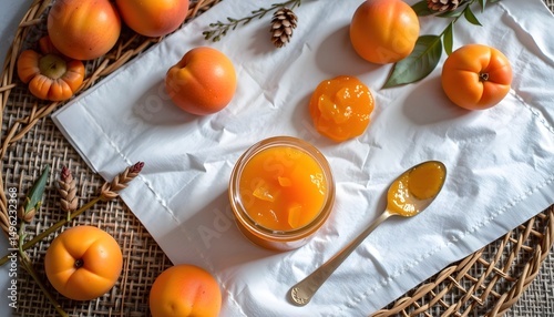 Cooking apricot jam delicious food photography on a rustic table bright natural light close-up view