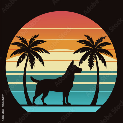 Retro Sunset Dog Silhouette Tropical Beach Canine Illustration