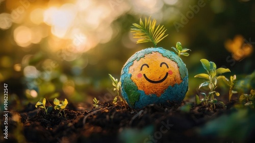 Happy Earth Day A Smiling Planet and Growing Plants
