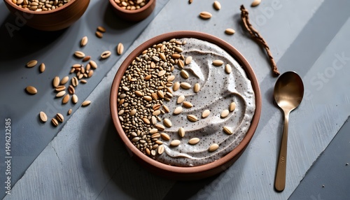 Delicious food photography of nut-topped bowl indoor kitchen minimalist style natural light