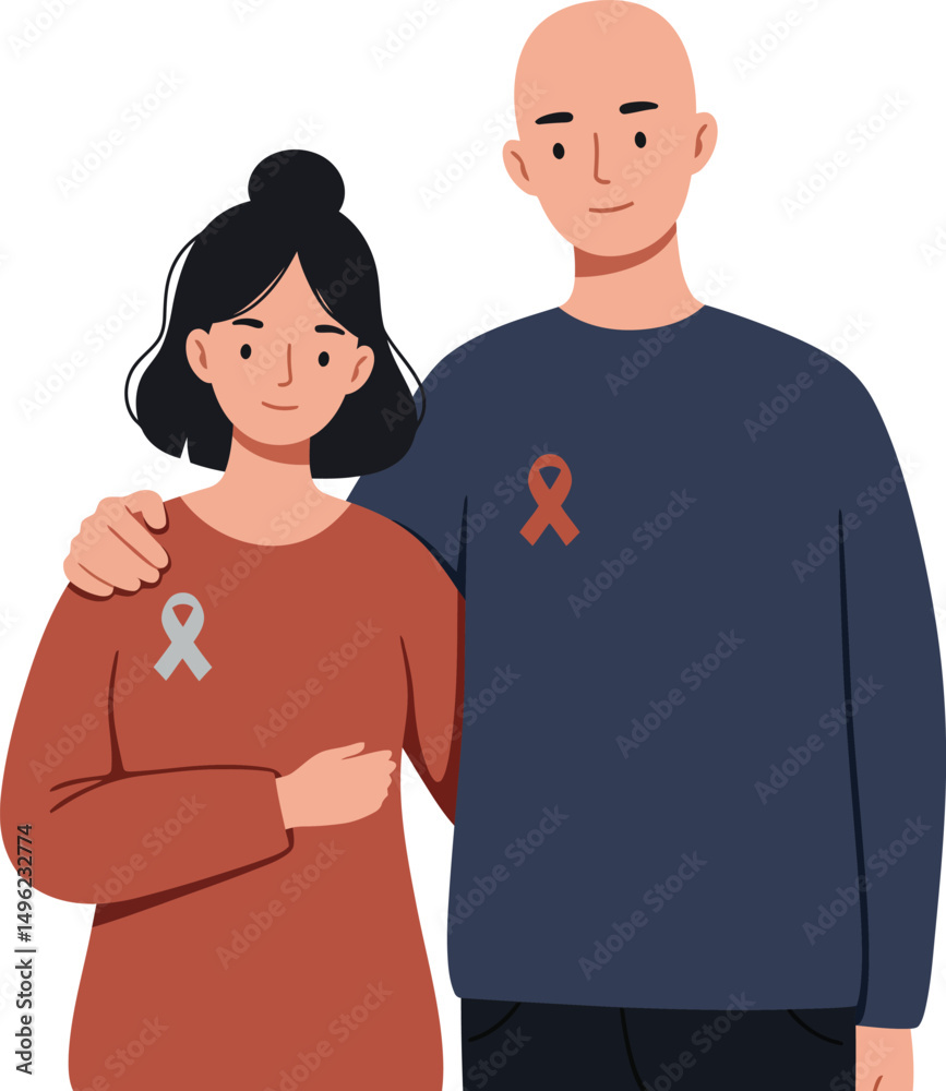 Fototapeta premium Couple supporting cancer awareness with pink and brown ribbons on sweaters vector illustration 