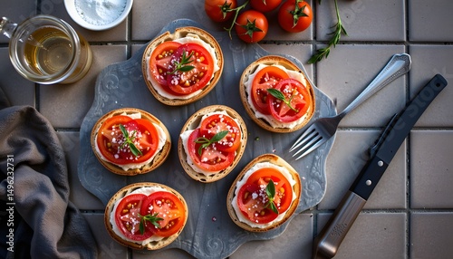 Delicious food photography of tomato bruschetta on rustic table natural lighting culinary art vibrant colors