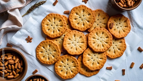 Delicious traditional cookies on white surface home kitchen food photography cozy environment top view culinary delight