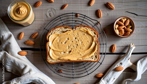 Delicious food photography of creamy peanut butter on toast rustic kitchen aesthetic overhead view