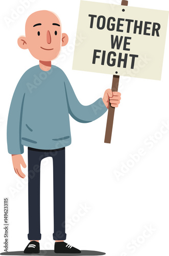 Bald man holding together we fight protest sign illustration for social unity and activism concept vector 