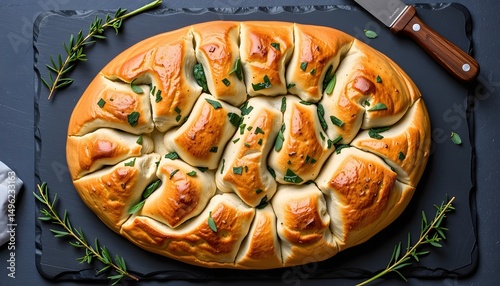 Baking fresh herb bread kitchen food photography cozy environment overhead view culinary concept