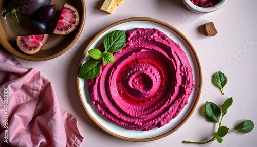 Colorful beetroot hummus creation culinary photography studio setting vibrant environment artistic perspective food art