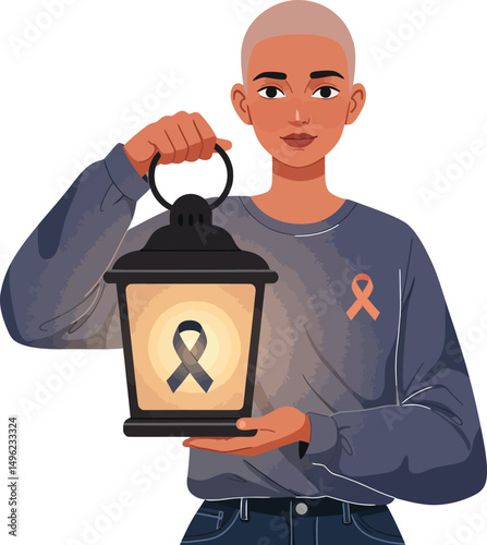 Person holding lantern with awareness ribbon symbol representing support and hope for important causes in dark blue clothing