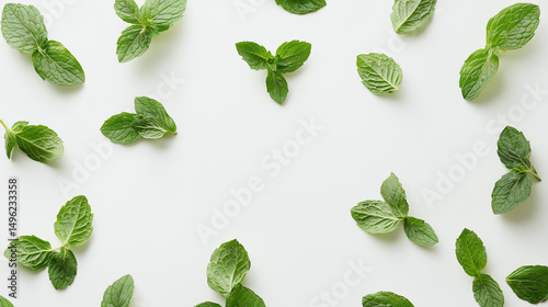 fresh green  mint leaves scattered on a clean white background.
