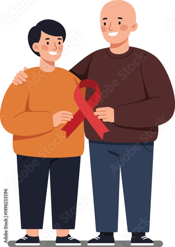 Father and son holding red ribbon symbolizing awareness and support for health causes together in casual clothing 