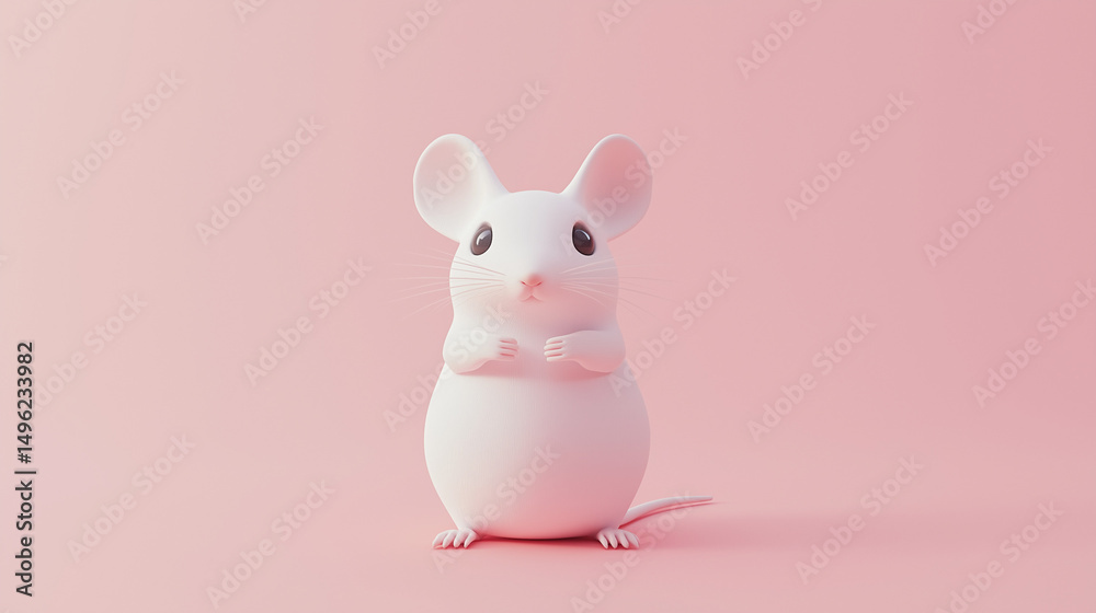 Fototapeta premium A full-body white mouse isolated on a pink background, showing its soft fur, tiny paws, pink tail, and alert eyes. 