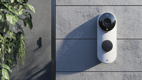 Modern Smart Doorbell on Gray Concrete Wall with Greenery