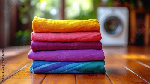 Neat Stack of Colorful Folded Clothes on Wooden Table