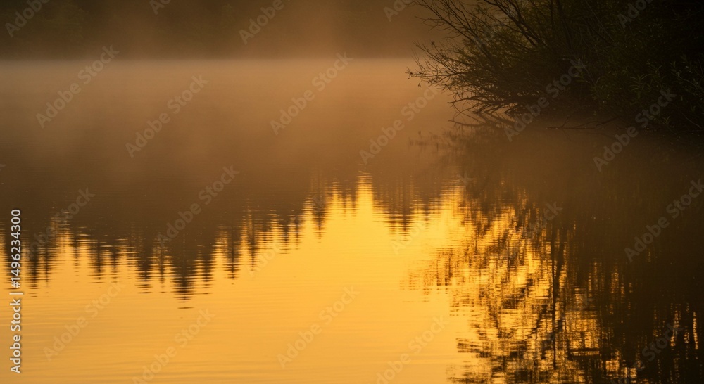 Obraz premium Serene Sunrise Reflection Misty Lake at Golden Hour with Tree Silhouettes
