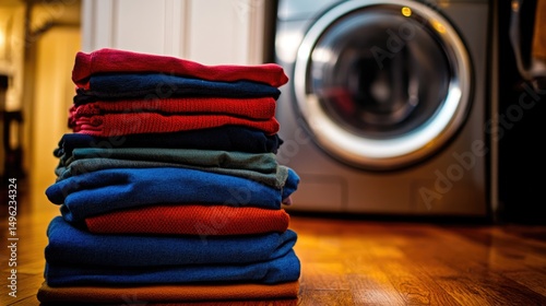 Neat Stack of Folded Clothes Near a Washing Machine