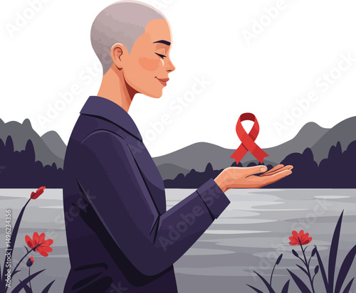 Woman with shaved head holding red AIDS awareness ribbon in serene lakeside landscape vector illustration 