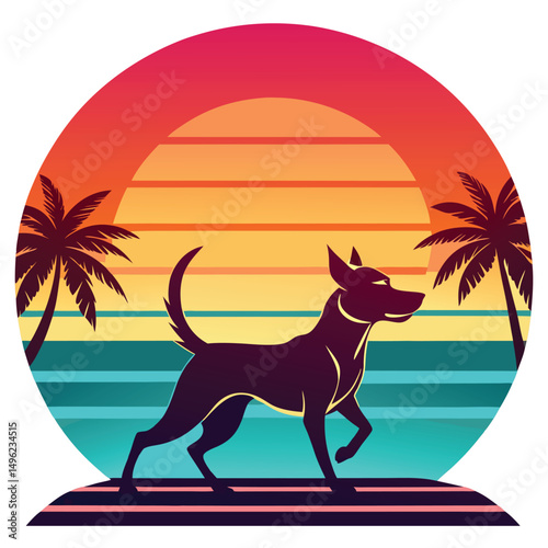 Retro Sunset Beach Dog 80s Vintage Canine Art Print