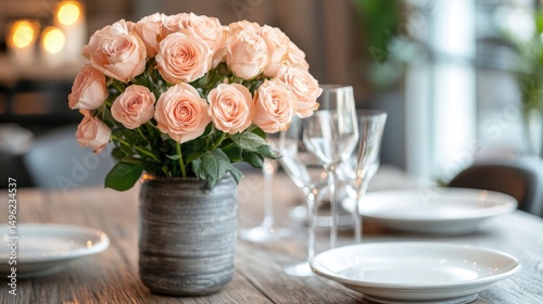 Peach Roses in Vase on Wooden Table with Plates and Glasses