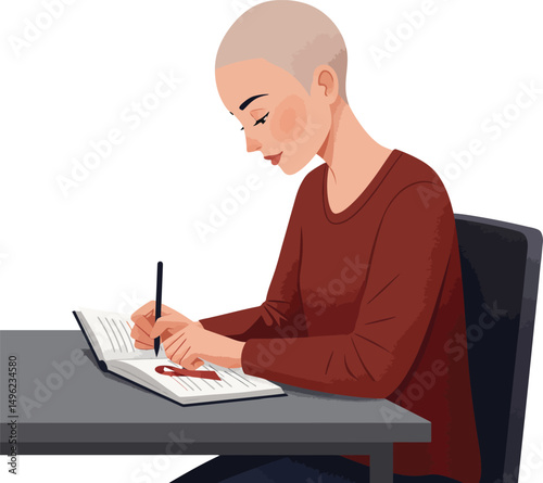 Woman with shaved head writing in notebook at desk in casual brown top vector illustration 