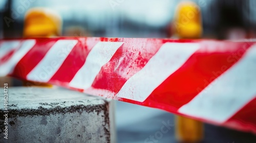 Red and White Striped Barrier Tape Close Up, Construction Site Safety, Urban Scene