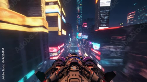 Futuristic flight through illuminated metropolis at night with advanced vehicle