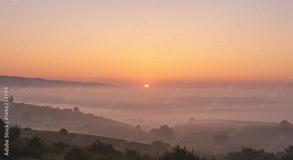 Obraz premium Serene Sunrise Over Misty Valley Landscape Breathtaking Dawn Scenery
