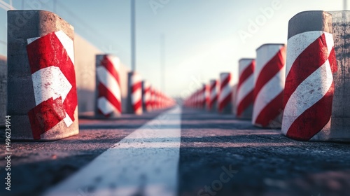 Red and White Striped Concrete Bollards on Asphalt Road at Sunrise
