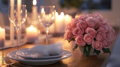 Romantic Dinner Table Setting with Pink Roses and Candlelight