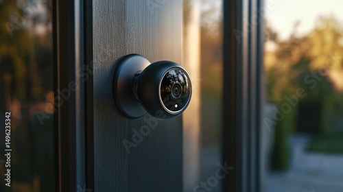 Smart Home Security: Doorbell Camera on Black Door at Golden Hour