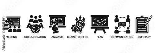 Brief icon set vector illustration concept relate to a briefing of business plan with an icon of meeting, collaboration, analysis, brainstorming, plan, communication, and summary