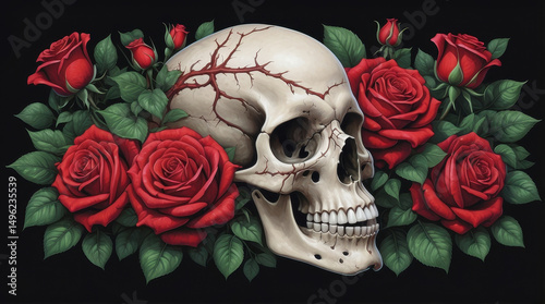 A realistic depiction of a human skull with vibrant red roses and lush green foliage, symbolizing the duality of life and death, with artistic detailing and a dark, contemplative theme