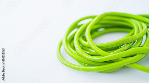 A green  electricity cord stretched across a white background, featuring a smooth insulated surface and visible plug ends.
