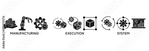 MES icon set vector illustration concept relate to  manufacturing execution system with icon of factory, service, automation, operation, production, distribution, management, structure, and analysis