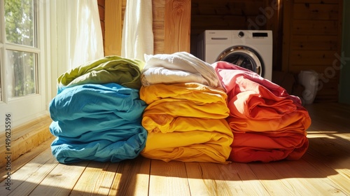 Stacks of colorful bedding in sunlight near window