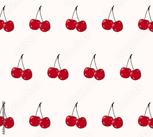 Seamless pattern with cherries. Red ripe cherries are evenly distributed on a light background. Print with juicy cherries. For printing on paper, fabric, packaging, textiles, home decor, surfaces