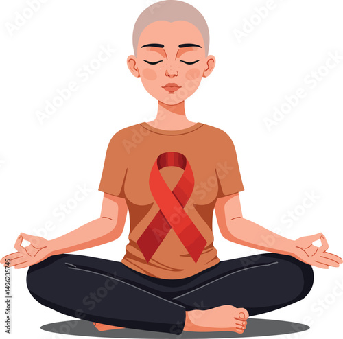 Meditation woman with bald head wearing awareness ribbon shirt practicing mindfulness and relaxation in lotus pose vector illustration 