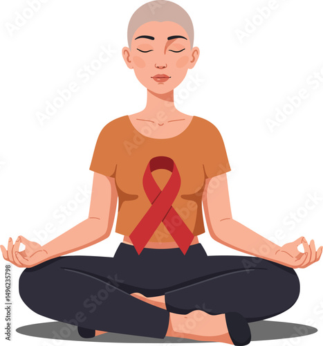 Woman with cancer awareness ribbon meditating in lotus pose for health and mindfulness promotion vector illustration 