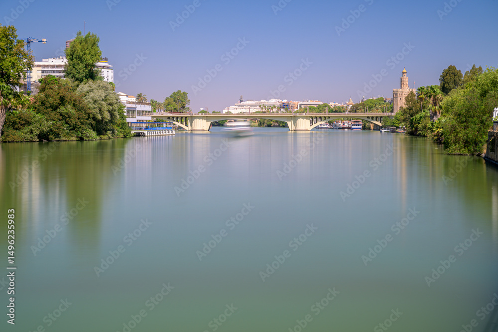 Fototapeta premium Views of San Telmo Bridge and Torre del Oro in Seville, Spain