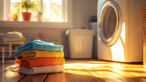 Sunlight illuminates stack of colorful towels in laundry room