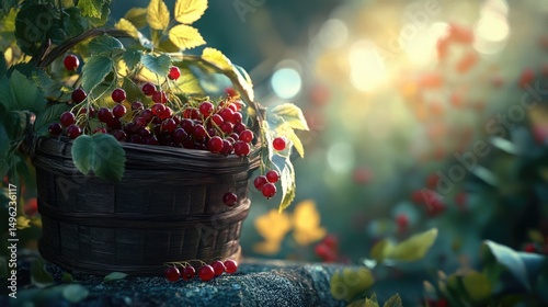 Sunlit Red Currants in Rustic Basket, Autumn Harvest Still Life Photography