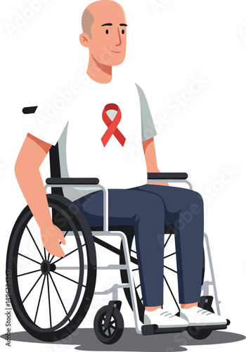 Man in wheelchair wearing white shirt with red awareness ribbon sitting calmly vector illustration 