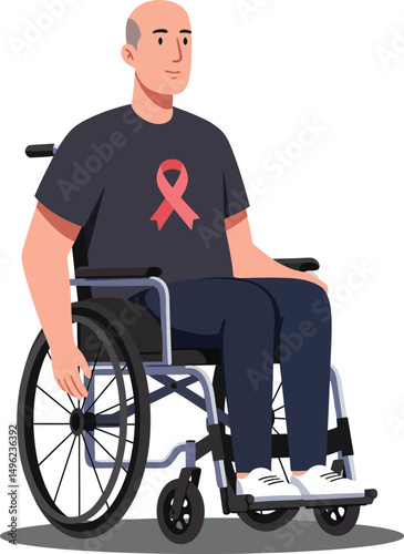 Man in wheelchair wearing black shirt with red ribbon symbol for health awareness vector illustration 