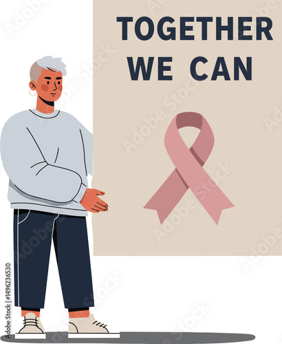 Person holding breast cancer awareness poster with pink ribbon and supportive message illustration vector 
