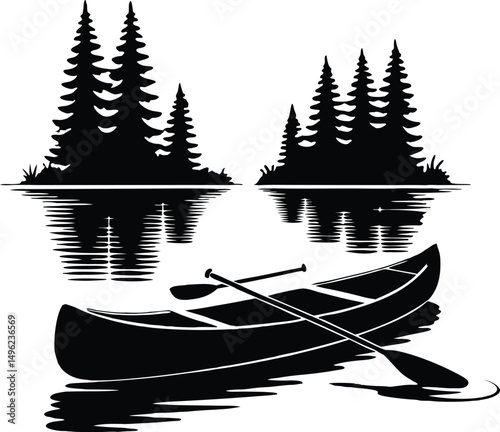 Silhouette of a canoe on a lake with reflections and pine trees vector illustration.