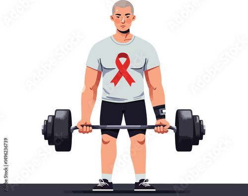 Man lifting heavy barbell with red awareness ribbon t-shirt fitness and strength training vector illustration 