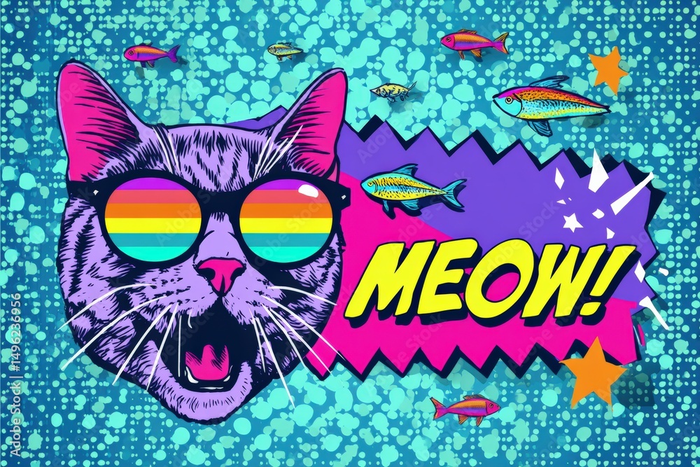 Obraz premium Colorful pop art illustration of a cat wearing sunglasses, surrounded by vibrant fish and playful elements, showcasing a fun and whimsical atmosphere with a bold